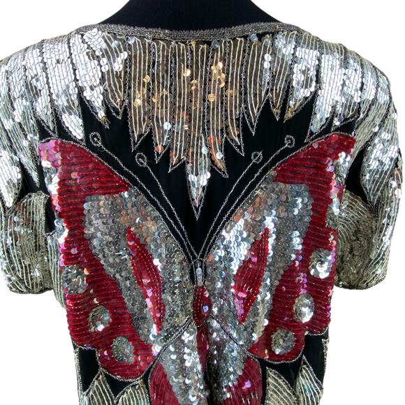 Vintage 100% Silk and Sequins Butterfly Top Silver Black Pink Approx Size M - Picture 5 of 8